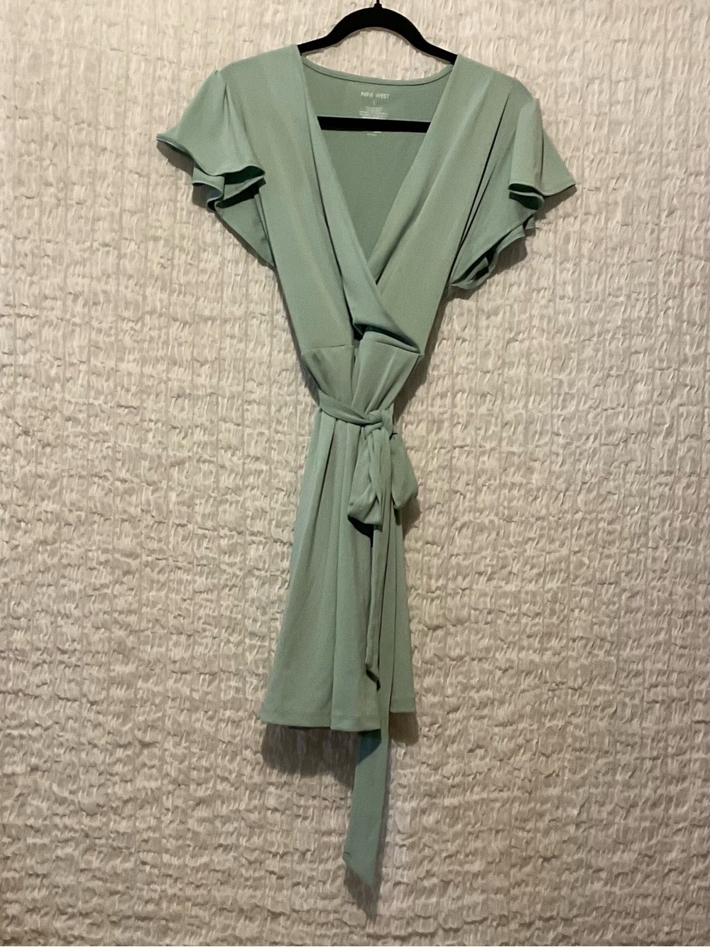 Nine West Sage Green Faux Wrap Dress Flutter Sleeve Tie Waist Size Large - Picture 2 of 4